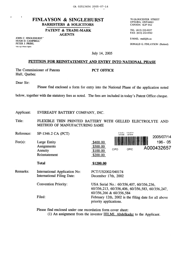Document de brevet canadien 2513454. Cession 20050714. Image 1 de 14