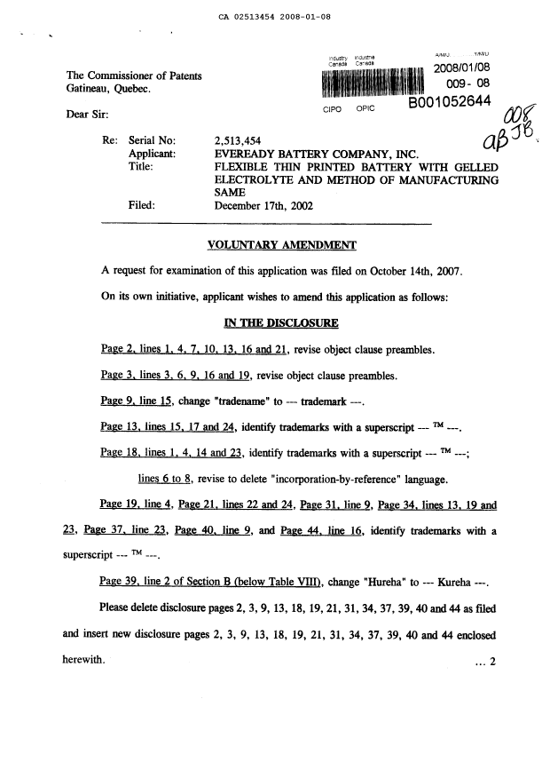 Document de brevet canadien 2513454. Poursuite-Amendment 20080108. Image 1 de 19