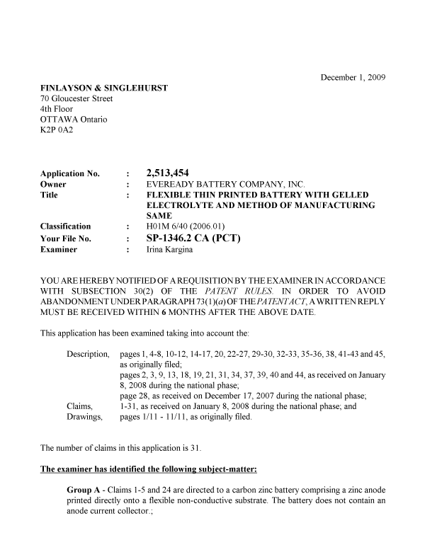 Document de brevet canadien 2513454. Poursuite-Amendment 20091201. Image 1 de 3