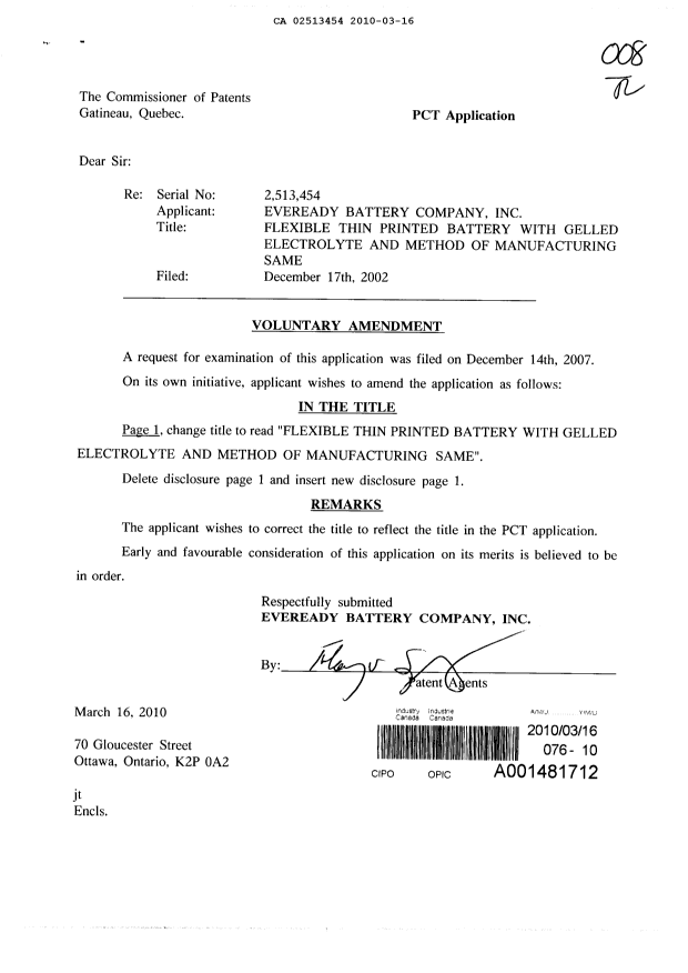 Document de brevet canadien 2513454. Poursuite-Amendment 20100316. Image 1 de 2