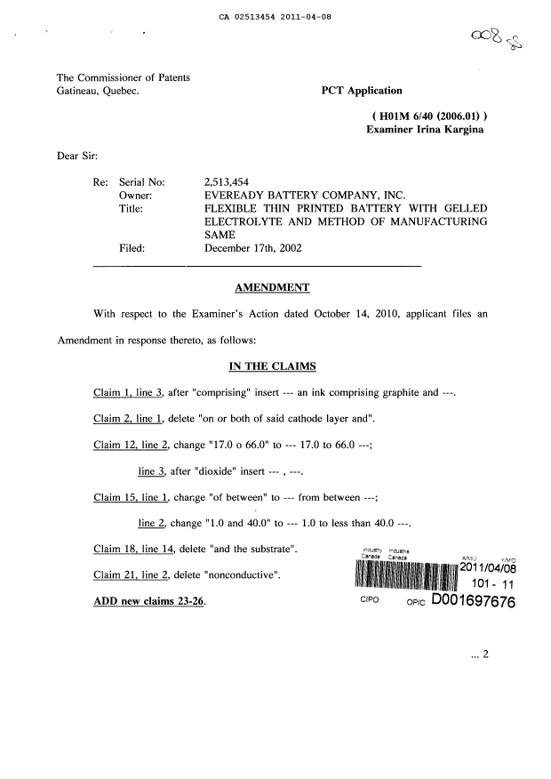 Document de brevet canadien 2513454. Poursuite-Amendment 20110408. Image 1 de 13