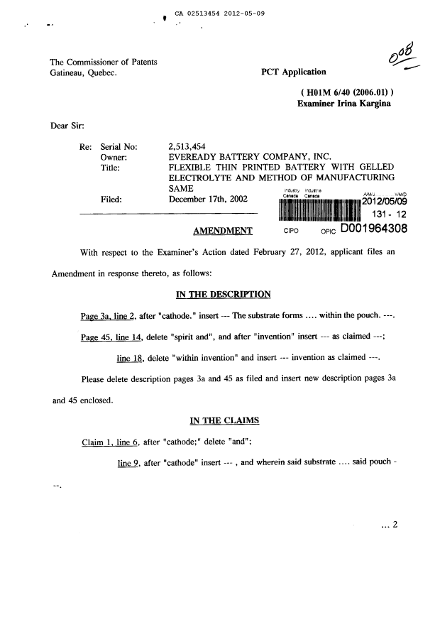 Document de brevet canadien 2513454. Poursuite-Amendment 20120509. Image 1 de 16