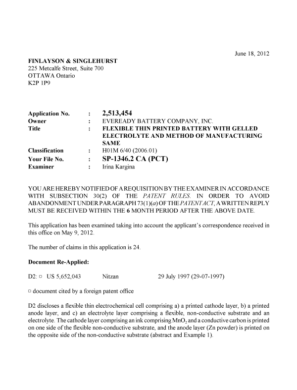Document de brevet canadien 2513454. Poursuite-Amendment 20120618. Image 1 de 4