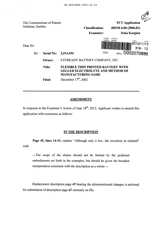 Document de brevet canadien 2513454. Poursuite-Amendment 20121113. Image 1 de 14