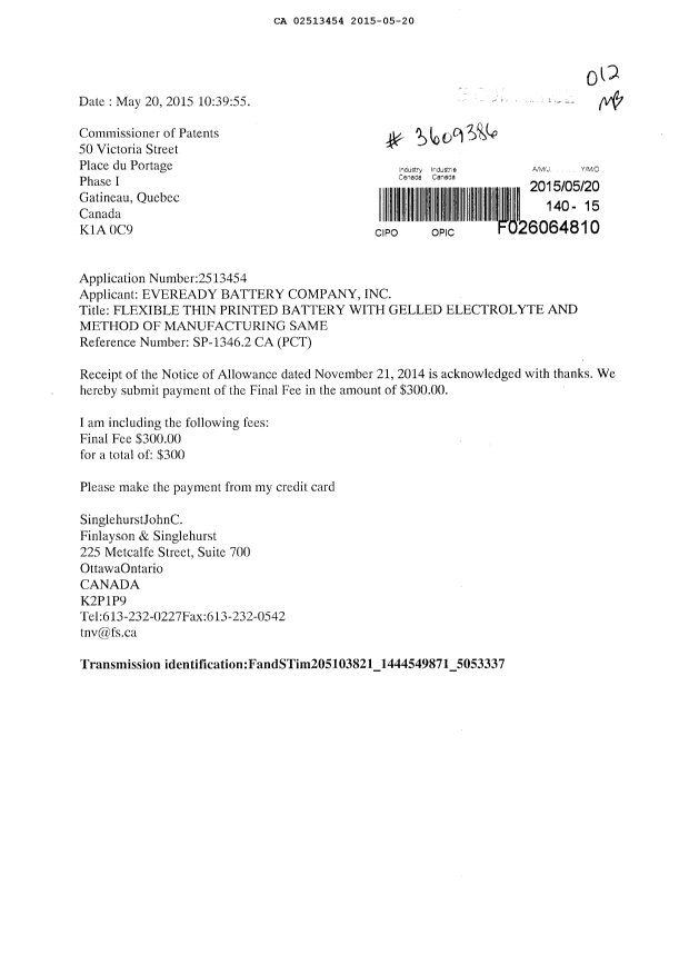 Document de brevet canadien 2513454. Correspondance 20150520. Image 1 de 1