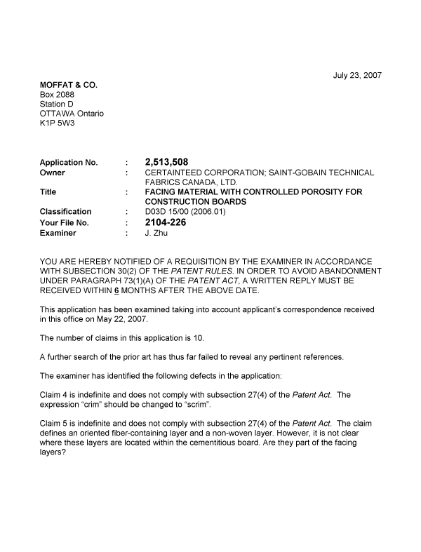 Canadian Patent Document 2513508. Prosecution-Amendment 20070723. Image 1 of 2