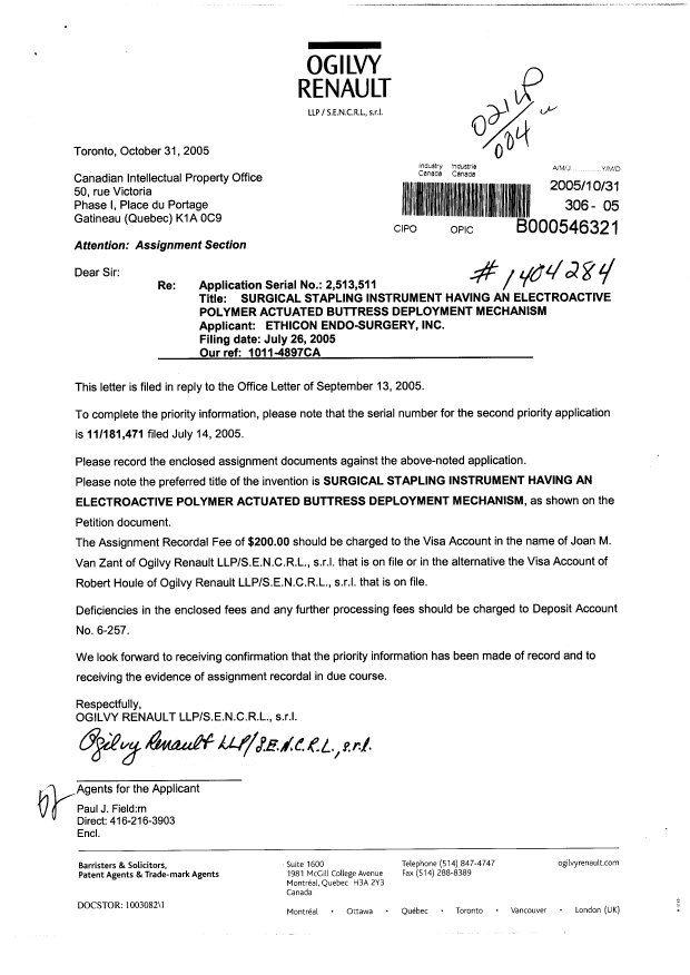 Document de brevet canadien 2513511. Correspondance 20051031. Image 1 de 1