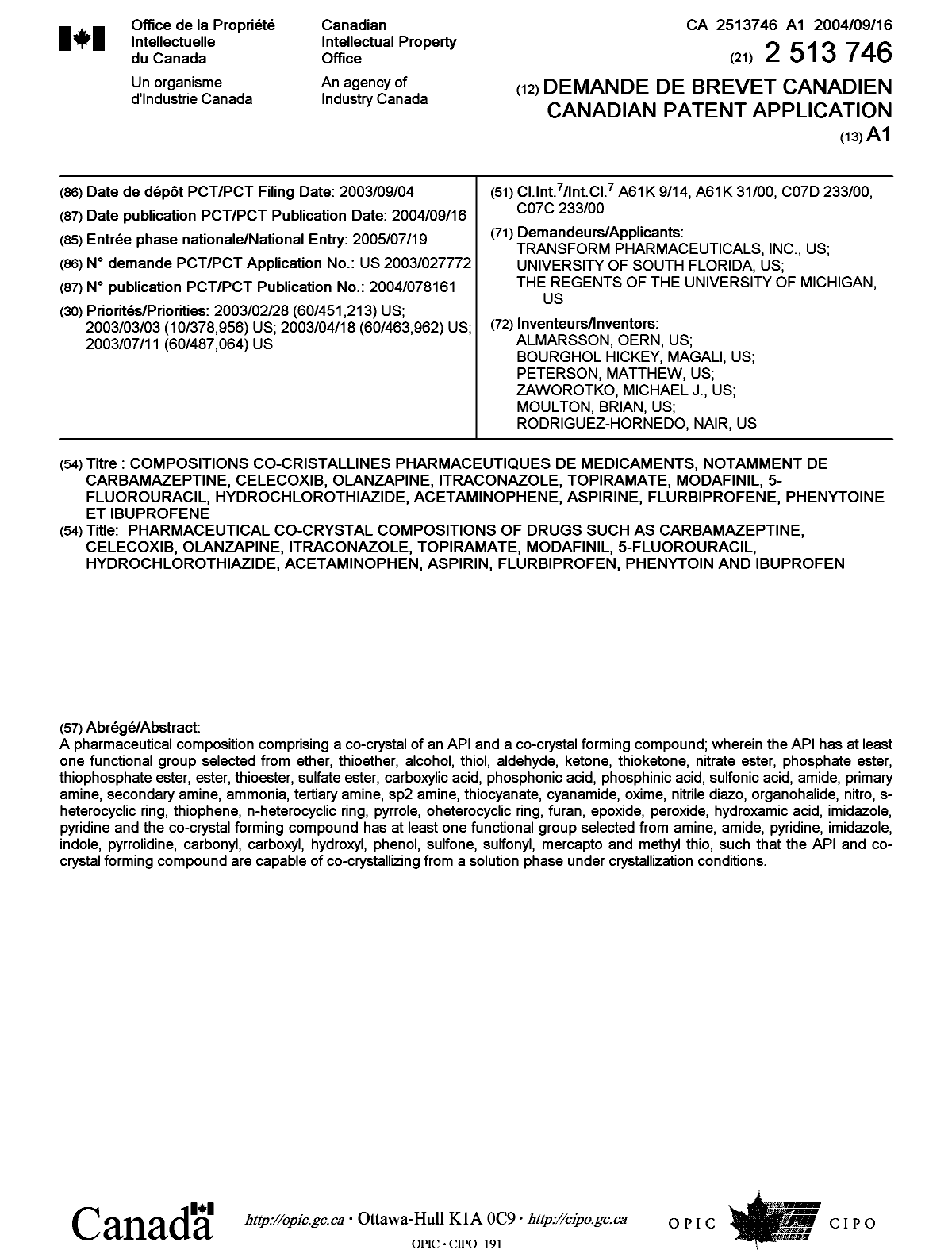 Document de brevet canadien 2513746. Page couverture 20041204. Image 1 de 2
