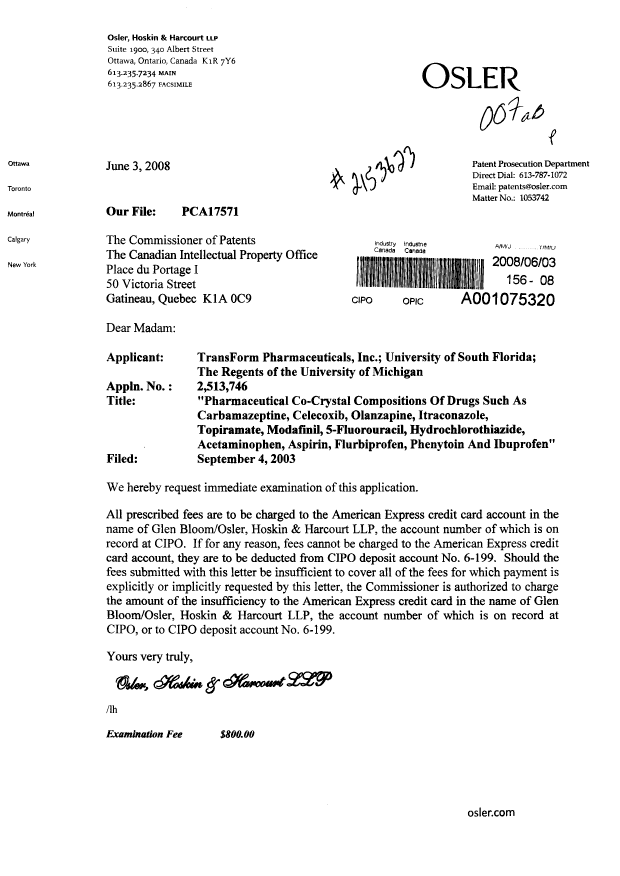Canadian Patent Document 2513746. Prosecution-Amendment 20071203. Image 1 of 1