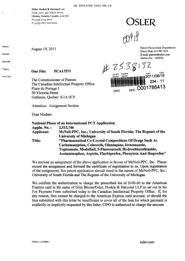 Document de brevet canadien 2513746. Cession 20101219. Image 1 de 12