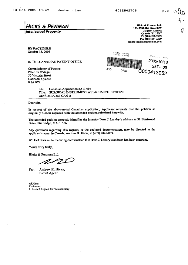 Canadian Patent Document 2513906. Correspondence 20041213. Image 1 of 3