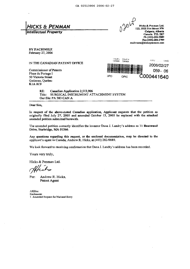 Canadian Patent Document 2513906. Correspondence 20051227. Image 1 of 4