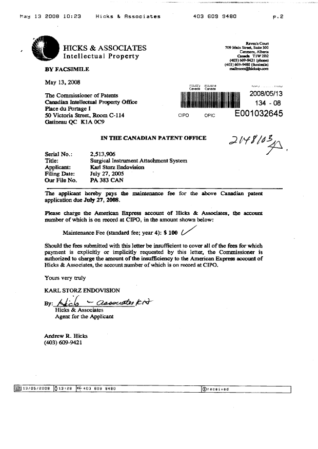 Canadian Patent Document 2513906. Fees 20071213. Image 1 of 2