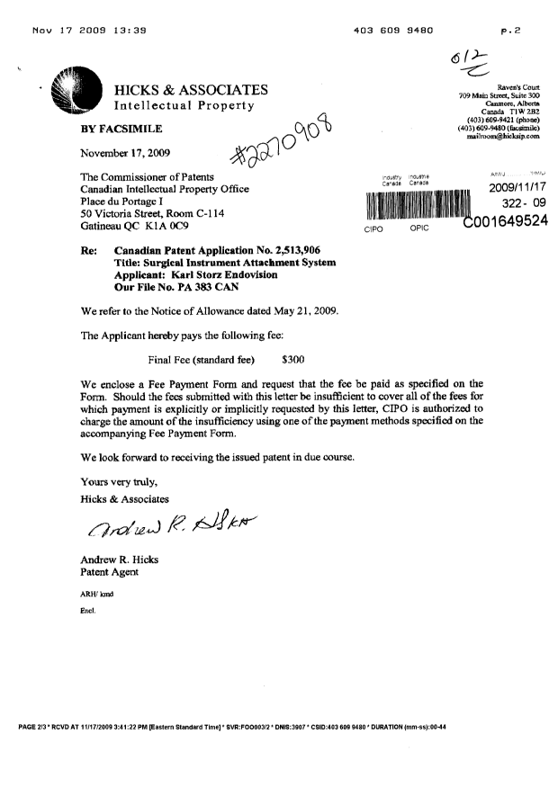 Canadian Patent Document 2513906. Correspondence 20091117. Image 1 of 2