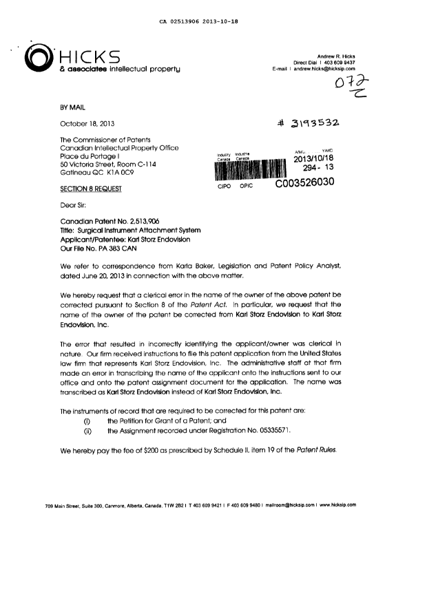 Canadian Patent Document 2513906. Correspondence 20121218. Image 1 of 2