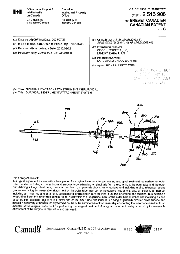 Canadian Patent Document 2513906. Cover Page 20121220. Image 1 of 2