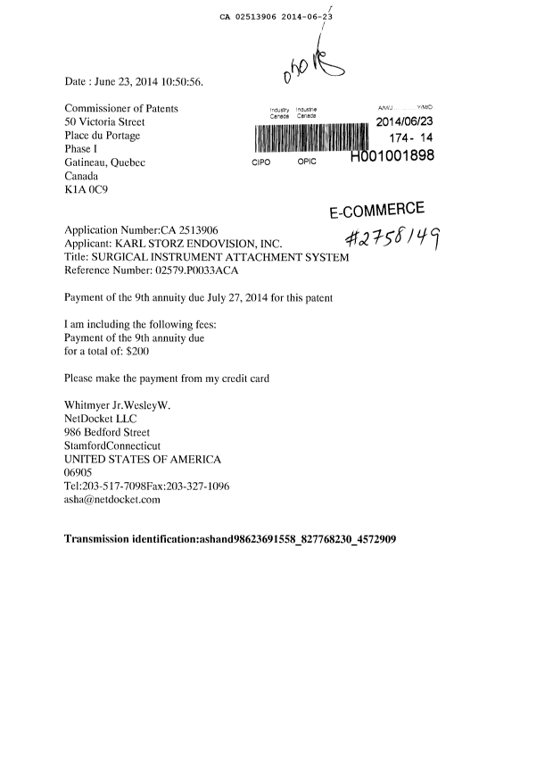 Document de brevet canadien 2513906. Taxes 20140623. Image 1 de 1