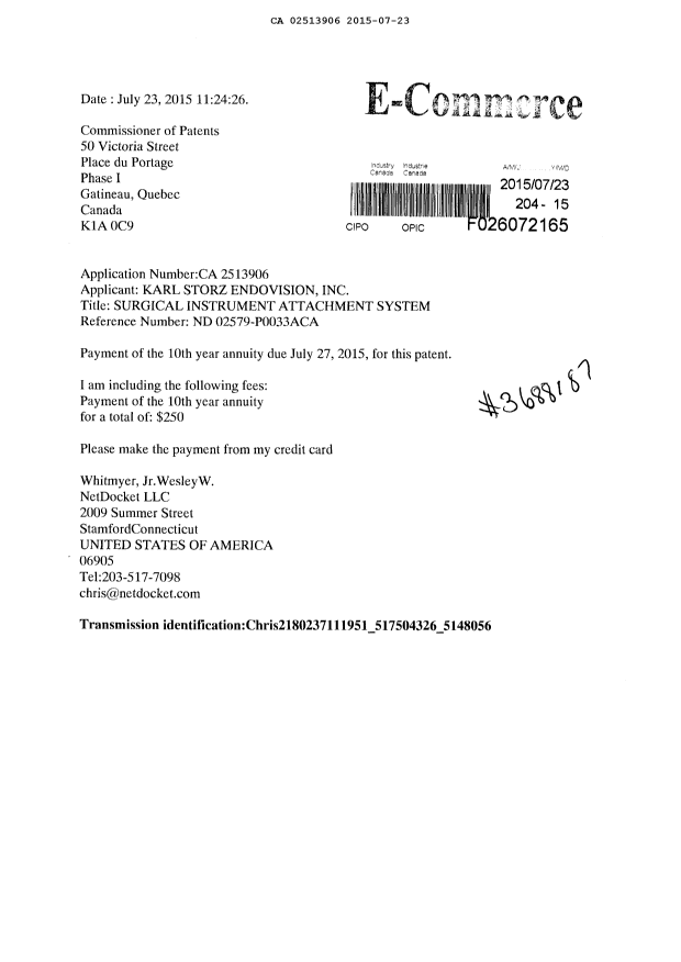 Canadian Patent Document 2513906. Maintenance Fee Payment 20150723. Image 1 of 1