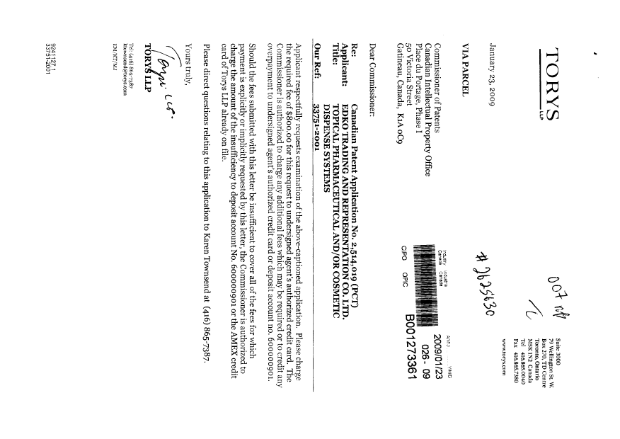 Canadian Patent Document 2514019. Prosecution-Amendment 20090123. Image 1 of 1