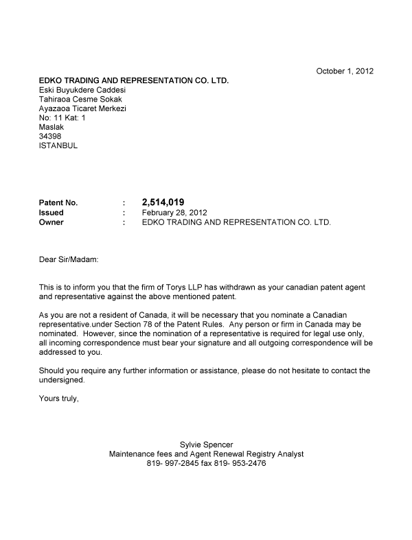 Document de brevet canadien 2514019. Correspondance 20121001. Image 1 de 1