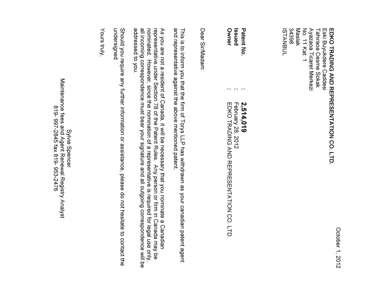 Canadian Patent Document 2514019. Correspondence 20121001. Image 1 of 1
