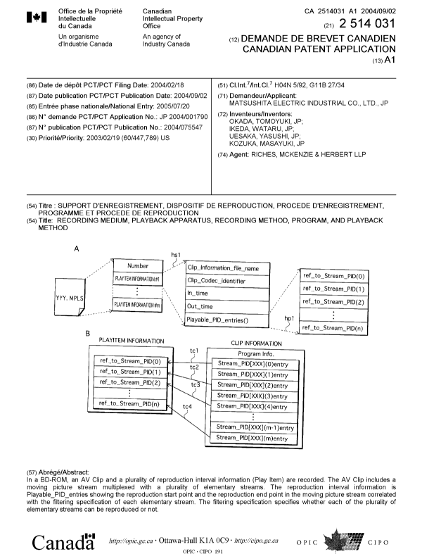 Document de brevet canadien 2514031. Page couverture 20051006. Image 1 de 1