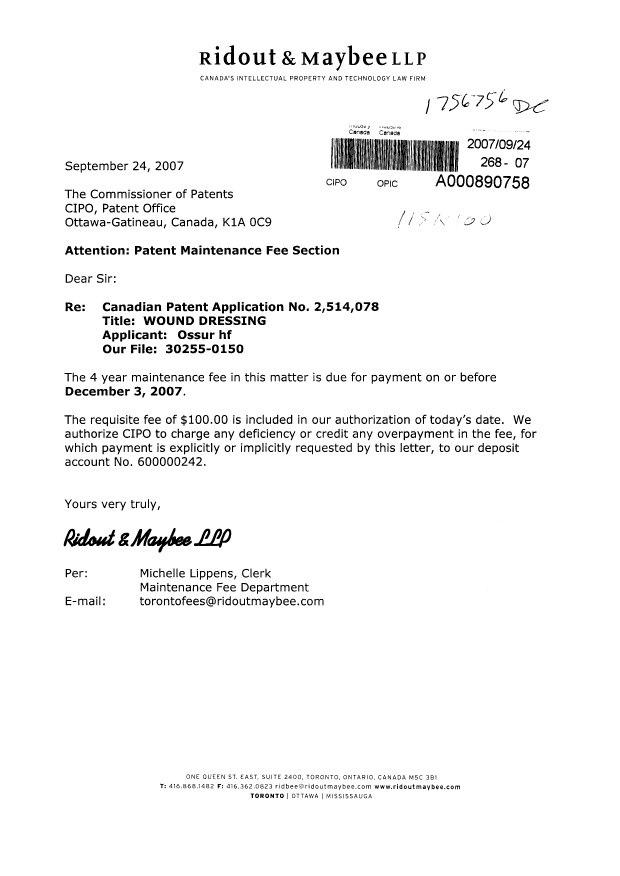 Document de brevet canadien 2514078. Taxes 20070924. Image 1 de 1