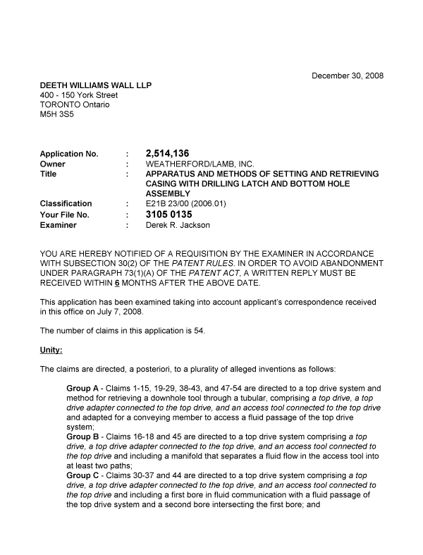 Canadian Patent Document 2514136. Prosecution-Amendment 20081230. Image 1 of 3