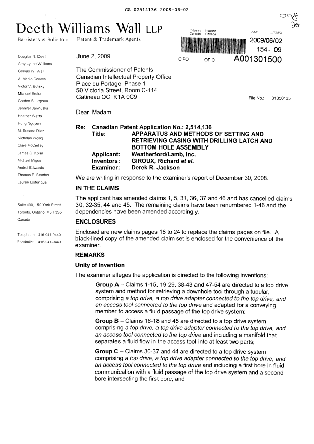 Canadian Patent Document 2514136. Prosecution-Amendment 20090602. Image 1 of 18