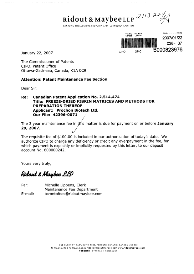 Canadian Patent Document 2514474. Fees 20070122. Image 1 of 1