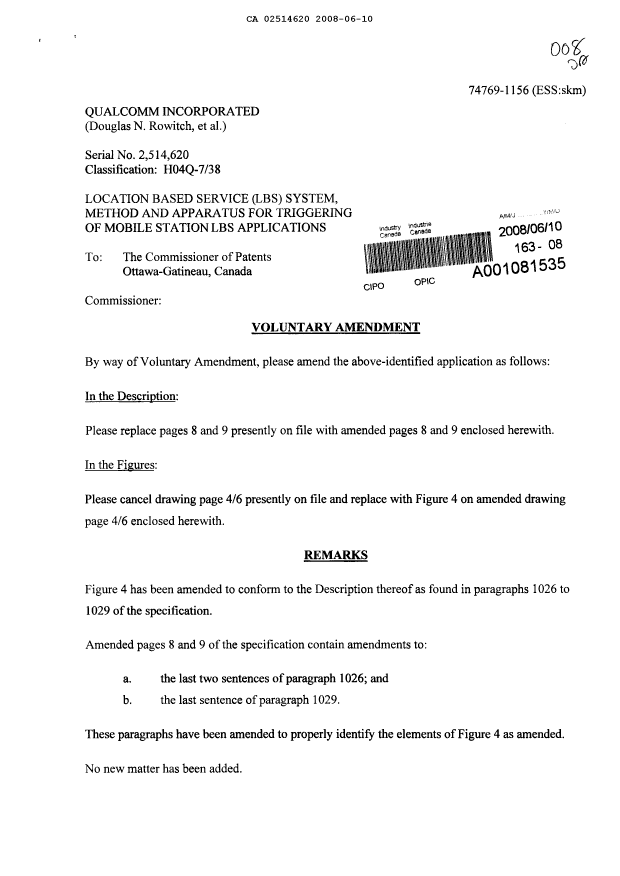 Canadian Patent Document 2514620. Prosecution-Amendment 20080610. Image 1 of 5