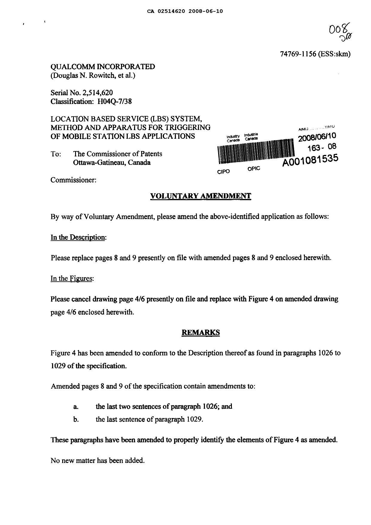 Canadian Patent Document 2514620. Prosecution-Amendment 20080610. Image 1 of 5