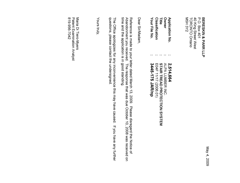 Canadian Patent Document 2514664. Correspondence 20090504. Image 1 of 1