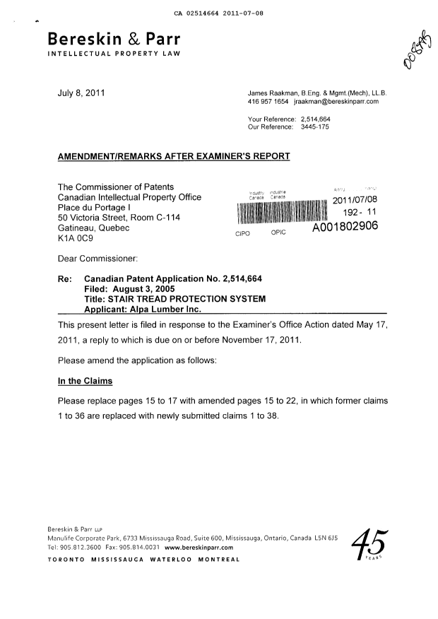 Document de brevet canadien 2514664. Poursuite-Amendment 20110708. Image 1 de 15