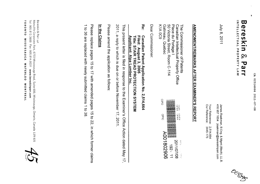 Canadian Patent Document 2514664. Prosecution-Amendment 20110708. Image 1 of 15