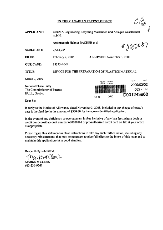 Document de brevet canadien 2514745. Correspondance 20090302. Image 1 de 1