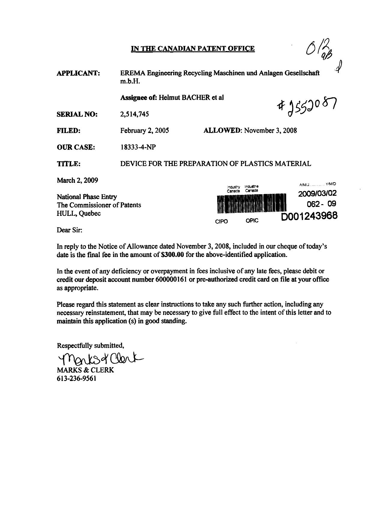 Canadian Patent Document 2514745. Correspondence 20090302. Image 1 of 1
