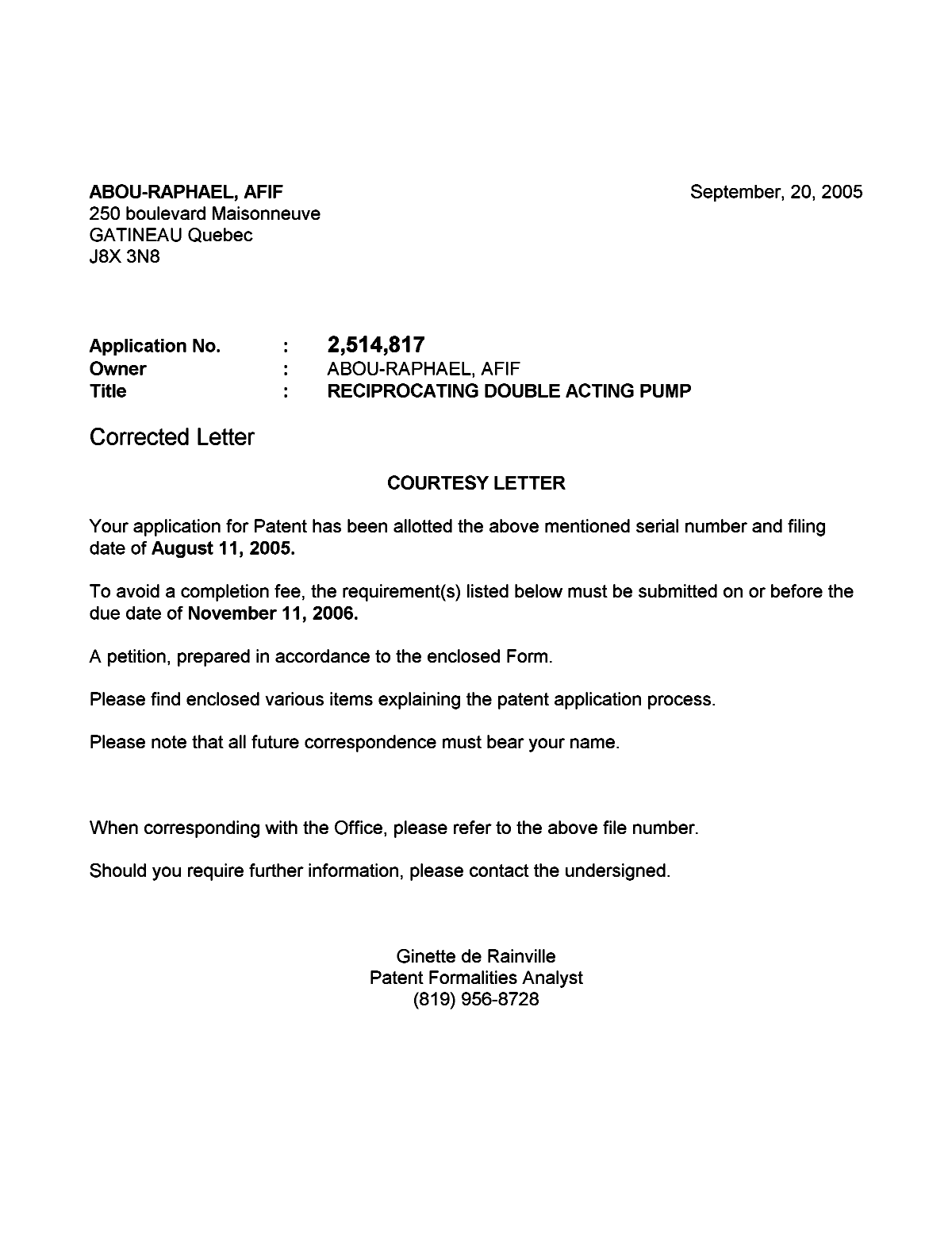 Canadian Patent Document 2514817. Correspondence 20050921. Image 1 of 1