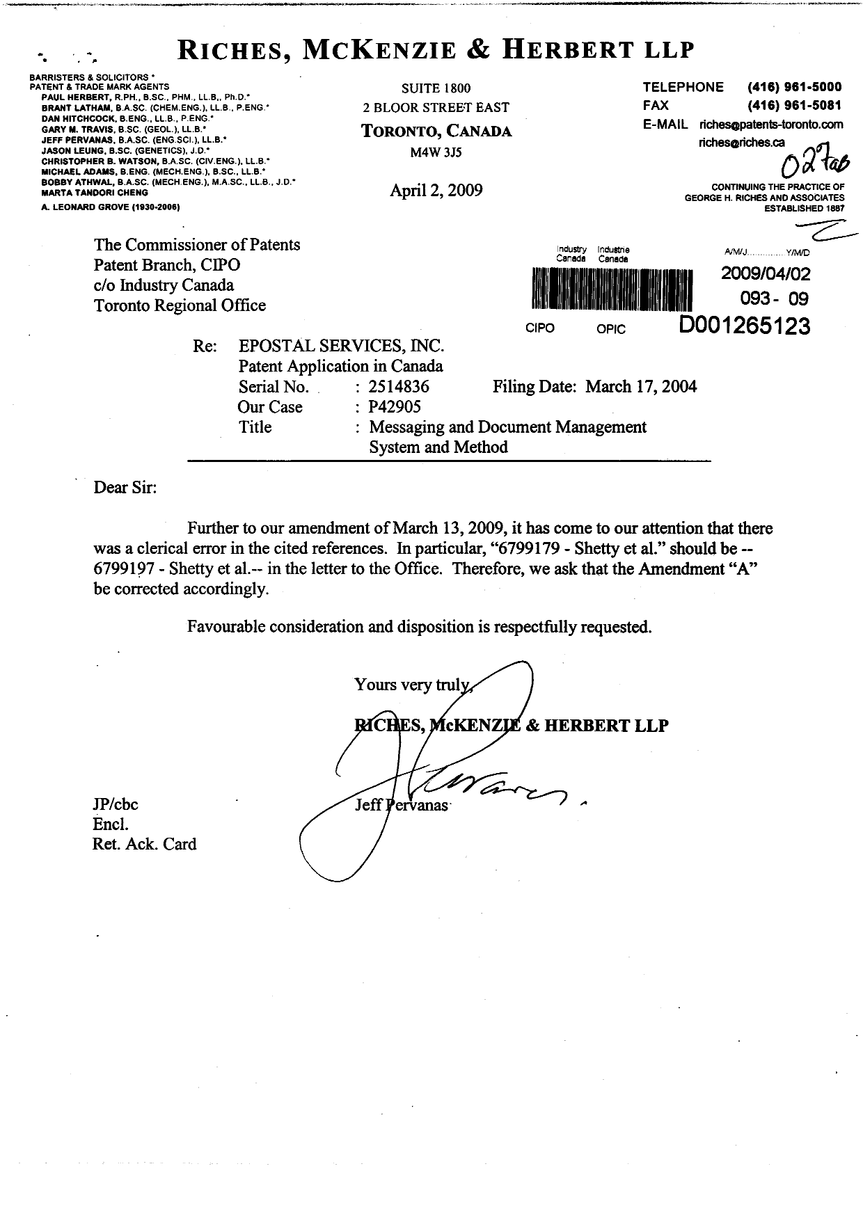 Canadian Patent Document 2514836. Prosecution-Amendment 20090402. Image 1 of 2