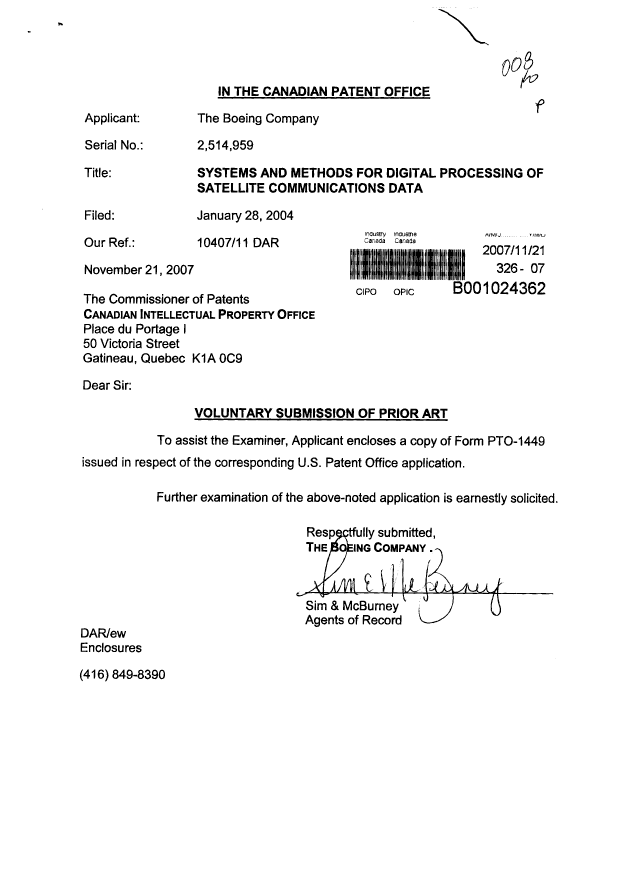 Canadian Patent Document 2514959. Prosecution-Amendment 20071121. Image 1 of 1