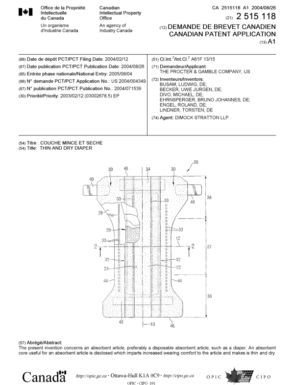 Document de brevet canadien 2515118. Page couverture 20051012. Image 1 de 2