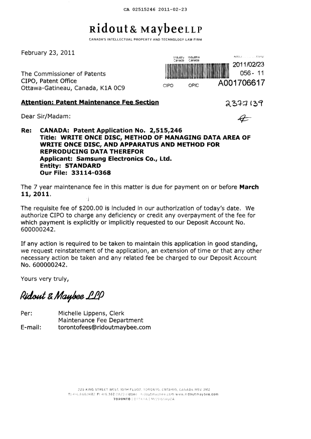 Document de brevet canadien 2515246. Taxes 20110223. Image 1 de 1