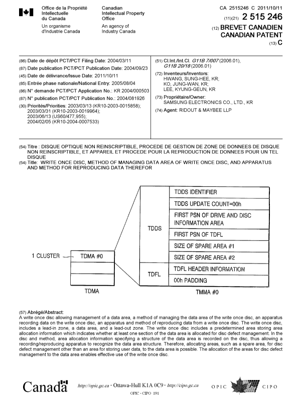 Document de brevet canadien 2515246. Page couverture 20110912. Image 1 de 1