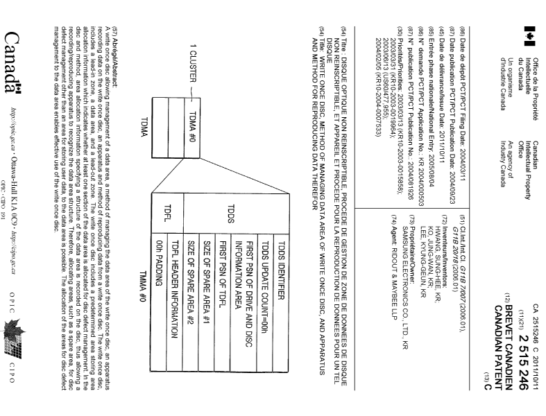 Canadian Patent Document 2515246. Cover Page 20110912. Image 1 of 1