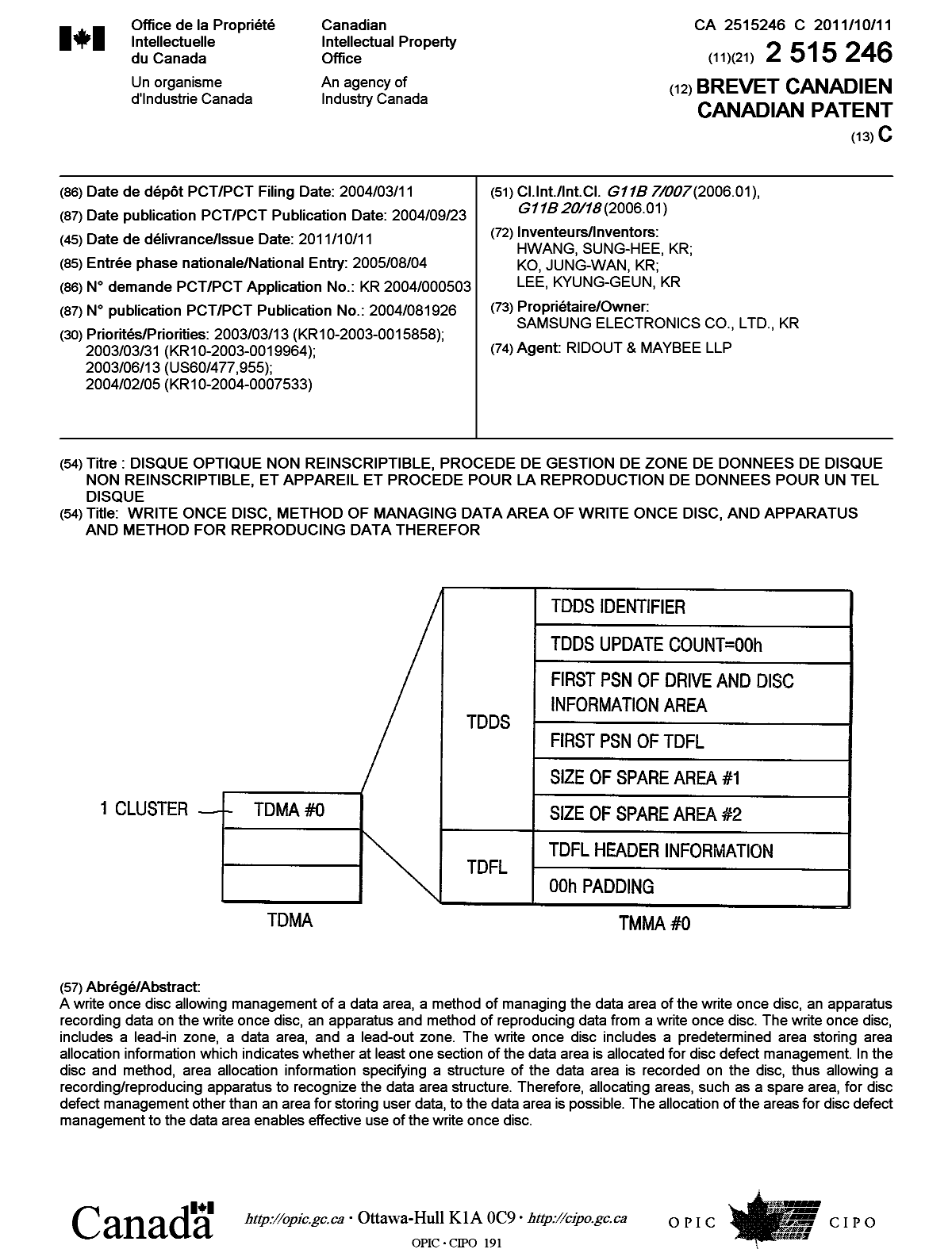 Canadian Patent Document 2515246. Cover Page 20110912. Image 1 of 1