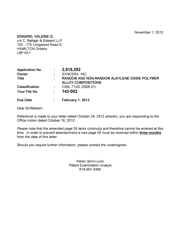 Canadian Patent Document 2515292. Correspondence 20121101. Image 1 of 1