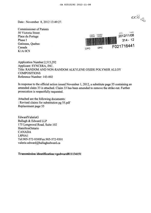 Document de brevet canadien 2515292. Poursuite-Amendment 20121108. Image 1 de 2