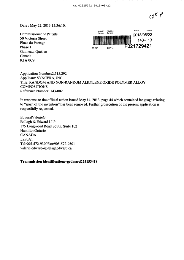 Document de brevet canadien 2515292. Poursuite-Amendment 20130522. Image 1 de 1