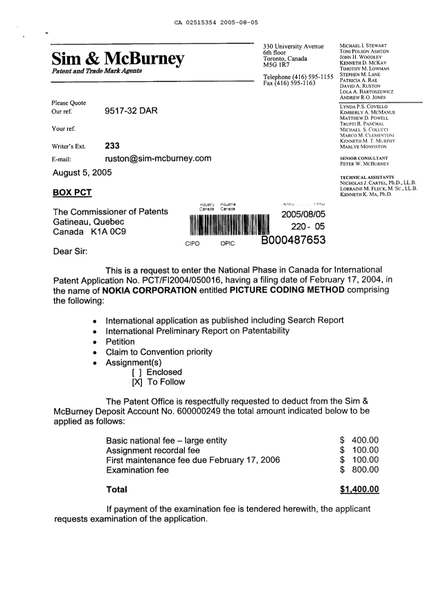 Document de brevet canadien 2515354. Cession 20050805. Image 1 de 3