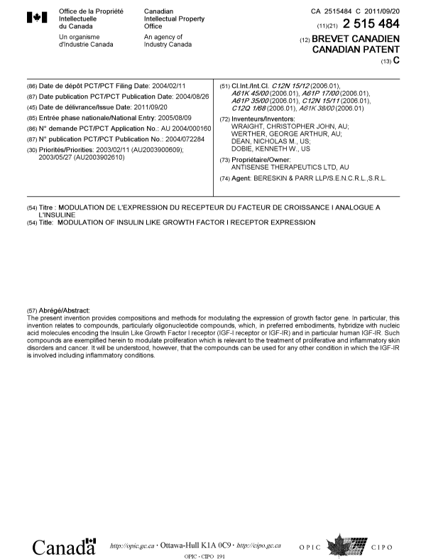 Canadian Patent Document 2515484. Cover Page 20110817. Image 1 of 1